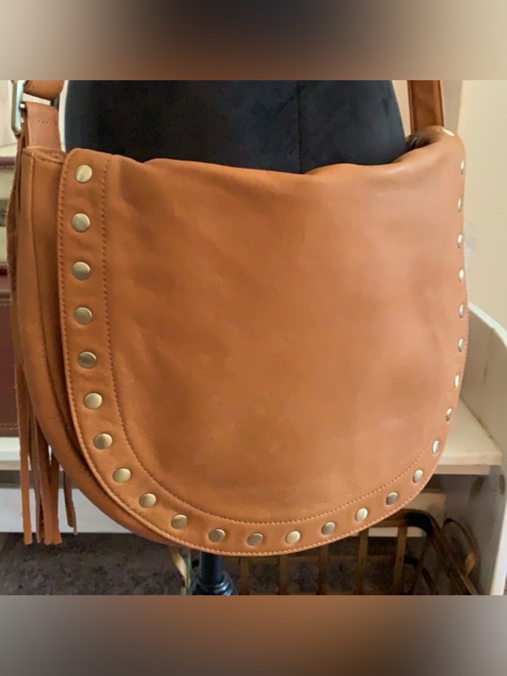 HOBO MAVERICK CROSS BODY Tan Leather Saddle Bag with Stud Detail!